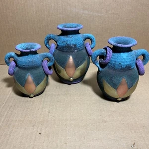 Sand Pottery Jar Vase with Purple Handle Rings Teal Blue Top & Copper Trim 3 Pc - Picture 1 of 12