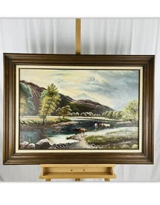 RUSTY JONES Large Vintage Western Country Landscape Cow Herd Oil on Canvas - Picture 1 of 1