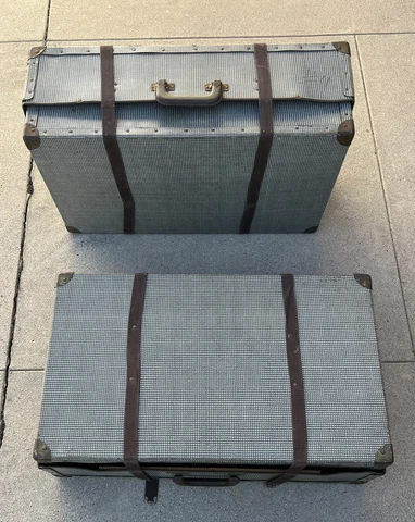 Vintage Suitcases PAIR Tweed Pattern Cardboard - Straps & Handle Great Storage Cover