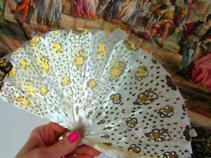 ANTIQUE CARVED MOP MOTHER OF PEARL GILT FOIL FLORAL HAND FAN - Picture 1 of 10