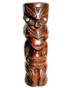 Maori Tiki Carved Wooden Statue Figure Abalone Eyes 12" Tall Vintage - Picture 1 of 7
