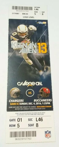2016 Tampa Bay Buccaneers San Diego Chargers NFL Football Ticket Los Angeles Cover