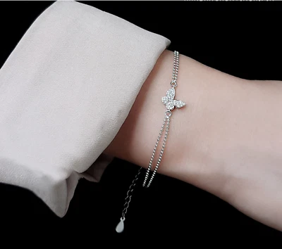 Doppelschichtiges Schmetterlingsarmband S925 Sterling Silber, Kugel Armreif - Bild 1 von 2