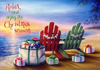 Adirondack Chairs and Gifts on Beach Red Farm Studios Coastal Christmas Card