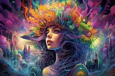 Psy DMT Fairy Elf, tapiz UV, reactivo a la luz negra, colgante de pared psicodélico Foto 1 de 4