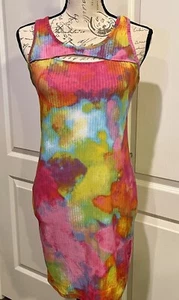 Full Circle Trends Tie Dye Peek A Boo Bodycon Dress Bright Colors Womens Sz L - Picture 1 of 11