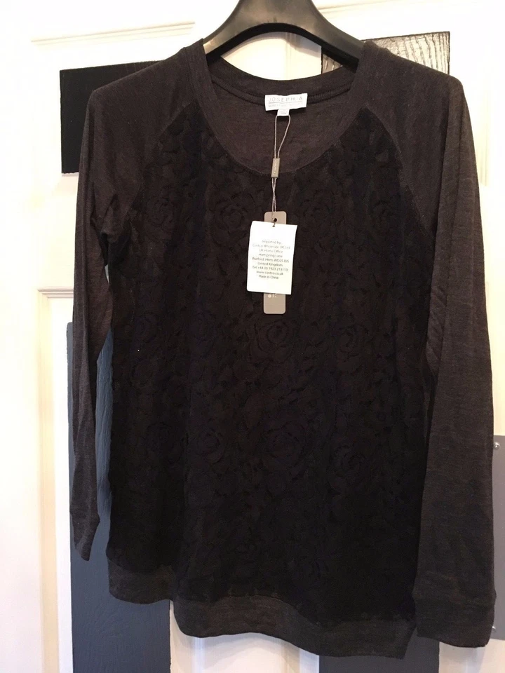 Top de diseño para damas Joseph A gris y negro detalle de encaje manga larga talla mediana Foto 1 de 1