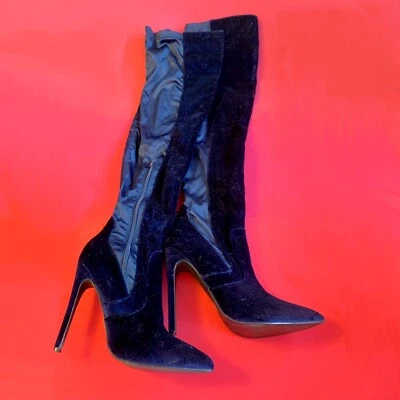 NUEVAS Botas Talla 9 Azul Marino Terciopelo y Satén Sobre la Rodilla Tacón de Aguja Foto 1 de 4
