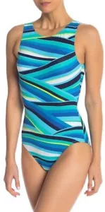 Tommy Bahama Winding Wave High Neck One-Piece Swimsuit Blue Green White Size 8 M - Picture 1 of 8