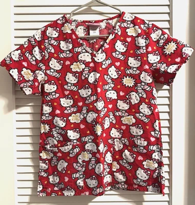 Hello Kitty Hearts Novelty Scrub Top Women's S/CH Red Cotton Pockets (2013) - Image 1 of 4