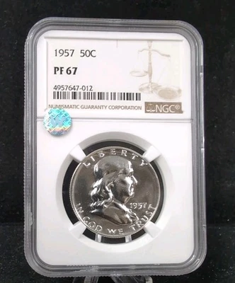 1957 PROVA Franklin PRATA meio dólar 50c NGC PF 67 #5577 - Imagem 1 de 3