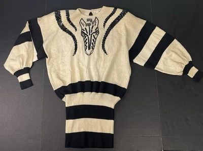 Suéter Tejido Vintage Años 80 Lillie Rubí Lentejuelas Bling Cabeza de Cebra Diseño Talla M Foto 1 de 4