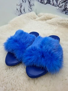 Blue Rabbit Fur Slippers for Women, EU37 Genuine Fur Home Shoes, Gift for women - Picture 1 of 10