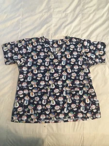 Landau Scrub Top L/XL V-Neck Snowman Medical Navy Shirt Pockets Short Sleeve - Picture 1 of 7