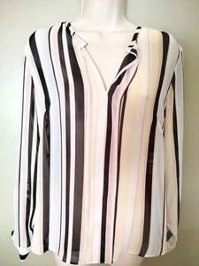 Anne Klein NWT Black Beach Combo Open Neck Stripe Sheer Blouse Size 10 - Picture 1 of 7