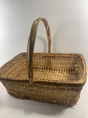1960s Vintage Wicker Bamboo Market Gathering Basket~Rectangle Handle~Boho Cover