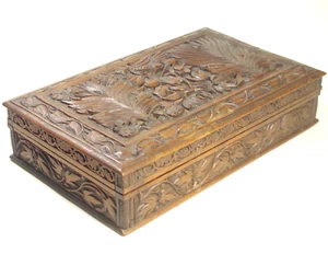 Anglo Indian Carved Box, Exotic Bird & Plant Design Quality 19thC Rare - Picture 1 of 16