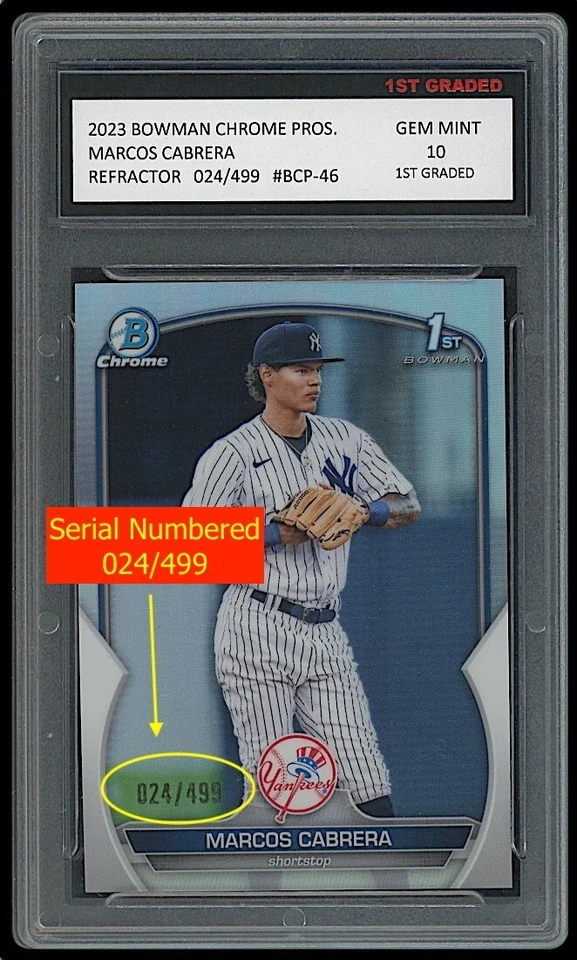 MARCOS CABRERA 2023 BOWMAN CHROME PROSPECTS REFRECTOR 1ST GRADED 10 ROOKIE CARD - Image 1 of 1