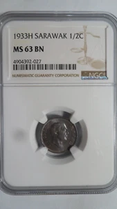 Sarawak Malaysia 1/2 Cent, 1933 H, NGC MS 63 BN - Picture 1 of 4
