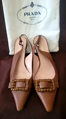 Prada карамельный коричневый замшевый заостренный слинга насосы пряжка деталь размер ЕС 37,5/7 - Изображение 1 из 4
