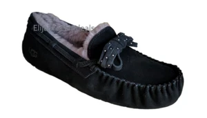 NEW WOMEN UGG DAKOTA BLING BOW BLACK SHEARLING LINED MOCCASIN SLIPPERS - Picture 1 of 9