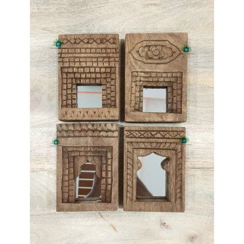 Indian Antique Wooden Carved Wall Hanging Temple Mirror Frame ( Set Of 4 ) Cover