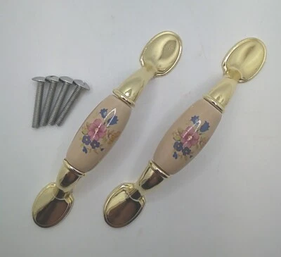 2 VTG Solid Brass & Ceramic Floral Design Drawer Cabinet Pulls 3" Center  - Image 1 of 4