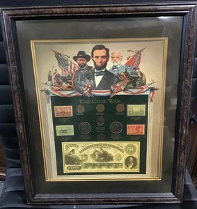Francobolli monete con cornice Lincoln guerra civile vintage moneta 18” per 15” - Foto 1 di 5
