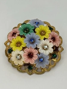 Vintage erinnert an Miriam Haskell unsignierte Zelluloid & AB Kristall Blume Brosche - Bild 1 von 6