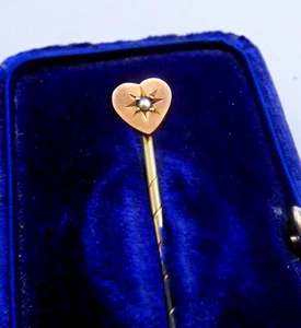ANTIQUE VICTORIAN 9CT GOLD & SEED PEARL LOVE HEART STICK PIN TIE PIN LOVE TOKEN - Picture 1 of 5