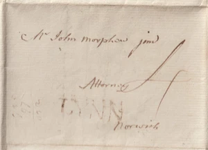 1789 NORFOLK LYNN PMK LETTER RE FARM RENTS 4d POSTAGE TO ATTORNEY IN NORWICH E/L - Picture 1 of 4
