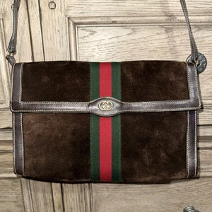 GUCCI GG Vintage Sherry Line Clutch Bag Hand Bag Suede Brown Authentic - Picture 1 of 10