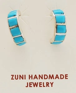 Native American Zuni Handmade Sterling Silver with Turquoise Inlay Earrings - Picture 1 of 2