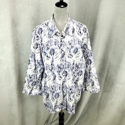 Blusa Top Mujer Sin Plancha Con Botones Talla 2X Azul Blanco Estampado Geométrico Foto 1 de 4