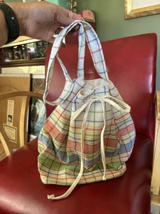 NOS Vintage Betmar New York Bucket Tote Purse Plaid Checkered Beach Bag Boho USA - Picture 1 of 11