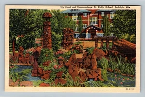 Rudolph WI-Wisconsin, St. Philip School Lily Pond Scenic Grounds, Linen Postcard - Picture 1 of 2