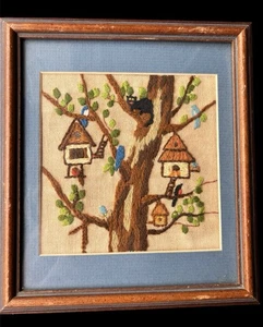 Vtg 70s Framed Embroidery Tree With Black Cat, Birdhouses, Birds Cottagecore - Picture 1 of 7