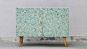 Bone Inlay 2 Door Cabinet - Dyed Green Floral - Picture 1 of 17