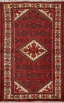 Geometric Red/ Ivory Hamedan Area Rug Wool Hand-knotted Tribal Carpet 3'x5' - Image 1 of 4