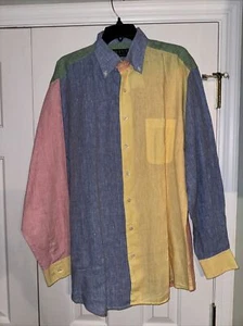 MINE 100% Linen Rainbow Pastel Color Block Long Sleeved Collared Shirt L NWT - Picture 1 of 11