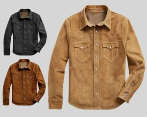 Men's 100% Real Suede Leather Trucker Jacket Premium Scully Shirt Western Wear - Picture 1 of 10