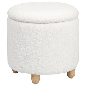 Valia Faux Sheepskin Upholstered Round Storage Ottoman Ivory - Picture 1 of 5