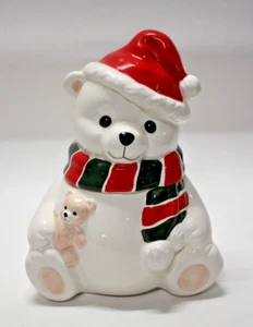 Barattolo Biscotti Orso Polare Vacanze Natale Vintage 1991 Sciarpa Rossa Homco Verde - Foto 1 di 9
