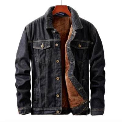 Men Plus Size Warm Denim Jacket Sherpa Fleece Lined Button Up Jean Coat Trucker - Image 1 of 4