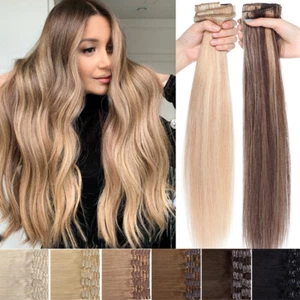 CLEARANCE 100% Human Hair Clip In Real Remy Hair Extensions Full Head 12 Pieces - Picture 1 of 46