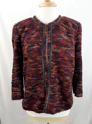 Elementz Woman's Sz L Brown Purple Multi Tweed Blazer Faux Leather Trim Career - Image 1 of 4