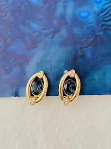Christian Dior Vintage 1980 Double Oval Sapphire Crystal Openwork Clip Earrings - Picture 1 of 11