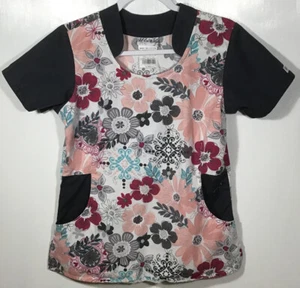Top de mujer talla XS extra pequeño de UA Scrubs flores florales gris melocotón - Imagen 1 de 4
