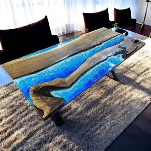 Adorable Blue Ocean Epoxy Dining Table River Countertop Live Edge Acacia Wood - Picture 1 of 9