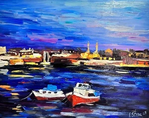 Istanbul Original Stadtlandschaft Meer Stadt Seaboats Nacht Ölgemälde Kunstwerk Wand - Bild 1 von 10